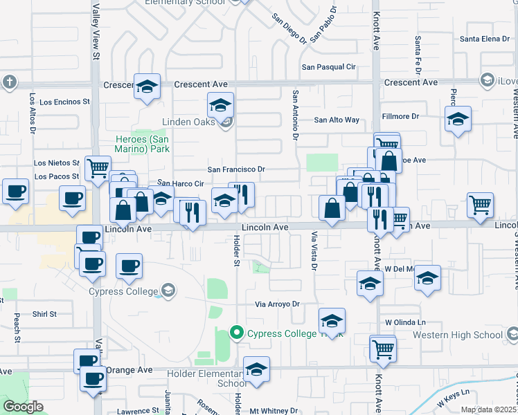 map of restaurants, bars, coffee shops, grocery stores, and more near 10 Cannery in Buena Park