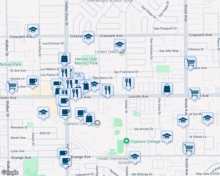 map of restaurants, bars, coffee shops, grocery stores, and more near 8961 San Salvador Circle in Buena Park
