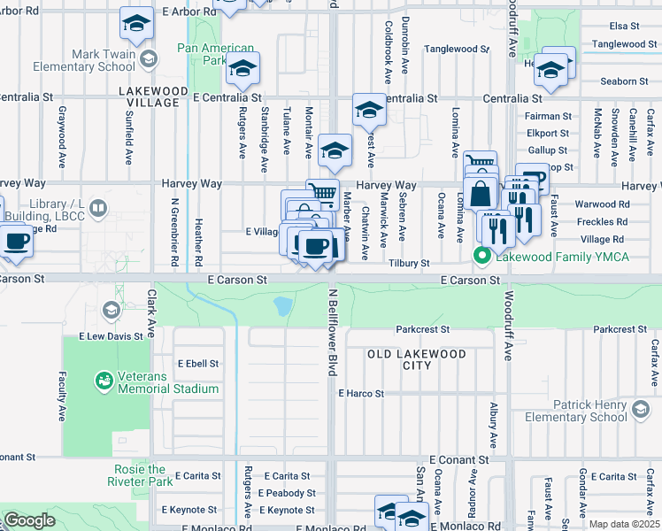 map of restaurants, bars, coffee shops, grocery stores, and more near 4146 North Viking Way in Long Beach