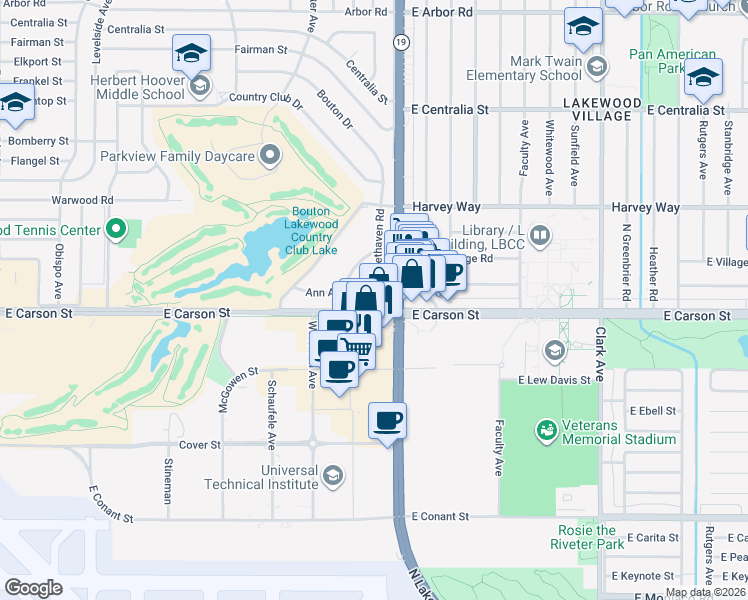 map of restaurants, bars, coffee shops, grocery stores, and more near in Lakewood
