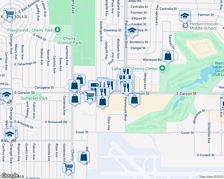 map of restaurants, bars, coffee shops, grocery stores, and more near 4105 Maybank Avenue in Lakewood