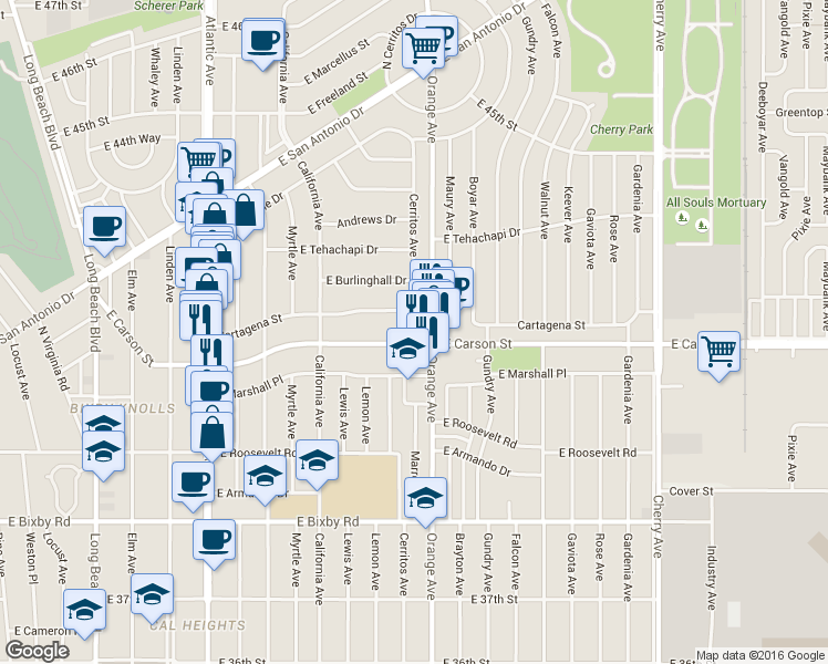 map of restaurants, bars, coffee shops, grocery stores, and more near 1149 East Carson Street in Long Beach
