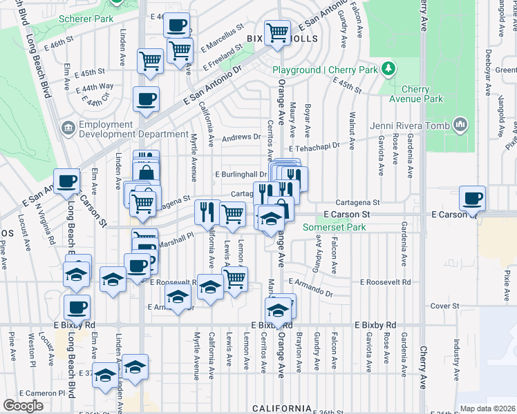 map of restaurants, bars, coffee shops, grocery stores, and more near 1149 East Carson Street in Long Beach