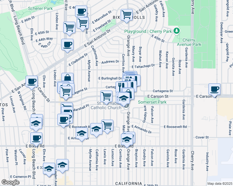 map of restaurants, bars, coffee shops, grocery stores, and more near 1149 East Carson Street in Long Beach