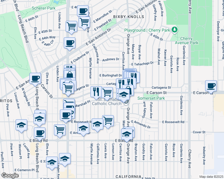 map of restaurants, bars, coffee shops, grocery stores, and more near 1061 East Carson Street in Long Beach