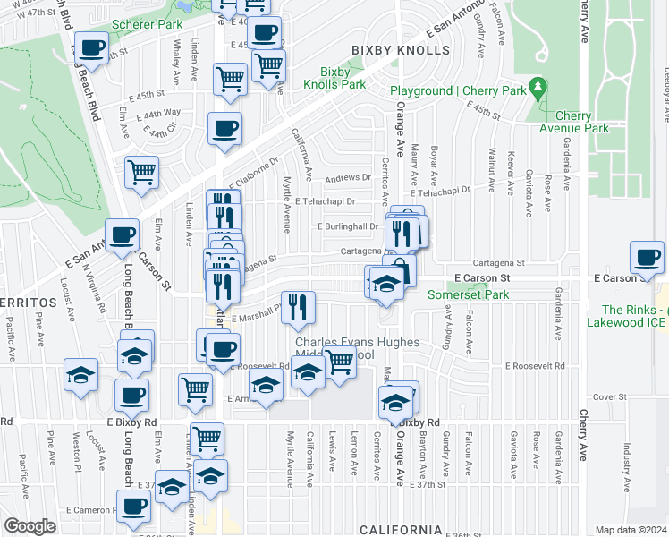 map of restaurants, bars, coffee shops, grocery stores, and more near 1061 East Carson Street in Long Beach