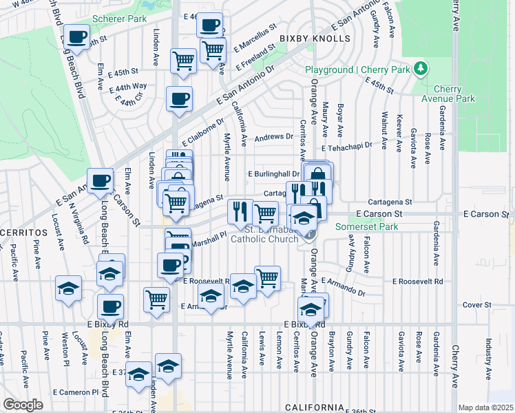 map of restaurants, bars, coffee shops, grocery stores, and more near 1007 East Carson Street in Long Beach