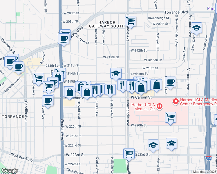 map of restaurants, bars, coffee shops, grocery stores, and more near 1410 West 216th Street in Torrance