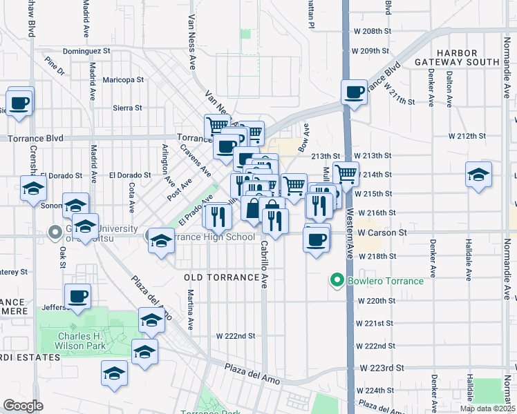 map of restaurants, bars, coffee shops, grocery stores, and more near 1616 Cabrillo Avenue in Torrance