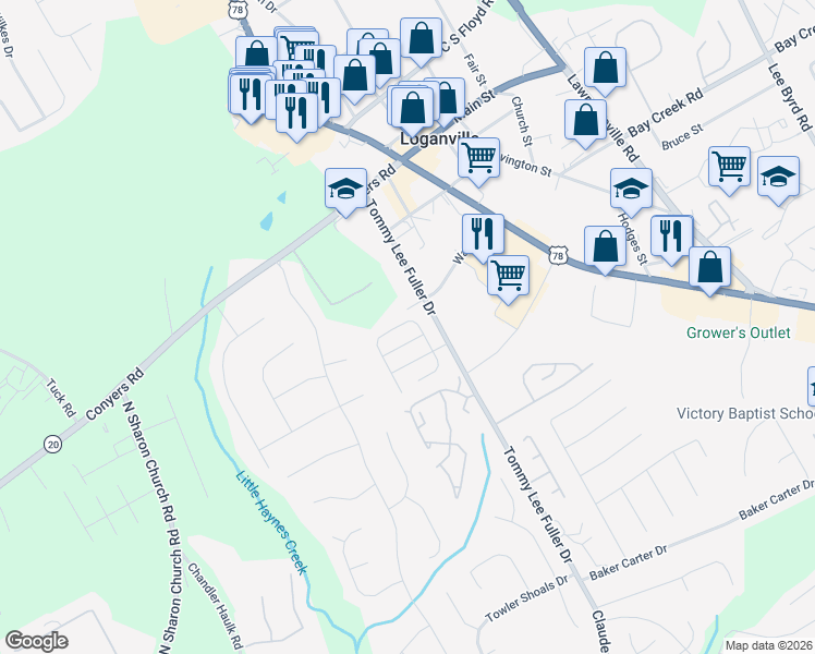 map of restaurants, bars, coffee shops, grocery stores, and more near 931 Village View Circle in Loganville