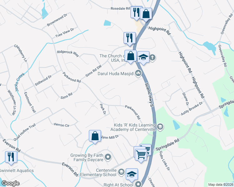 map of restaurants, bars, coffee shops, grocery stores, and more near 3020 Rusticwood Drive Southwest in Snellville
