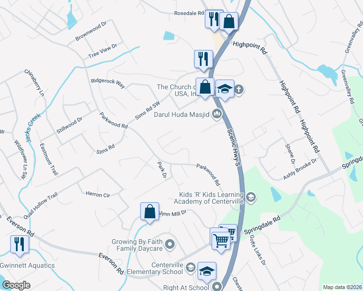 map of restaurants, bars, coffee shops, grocery stores, and more near 3010 Rusticwood Drive Southwest in Snellville