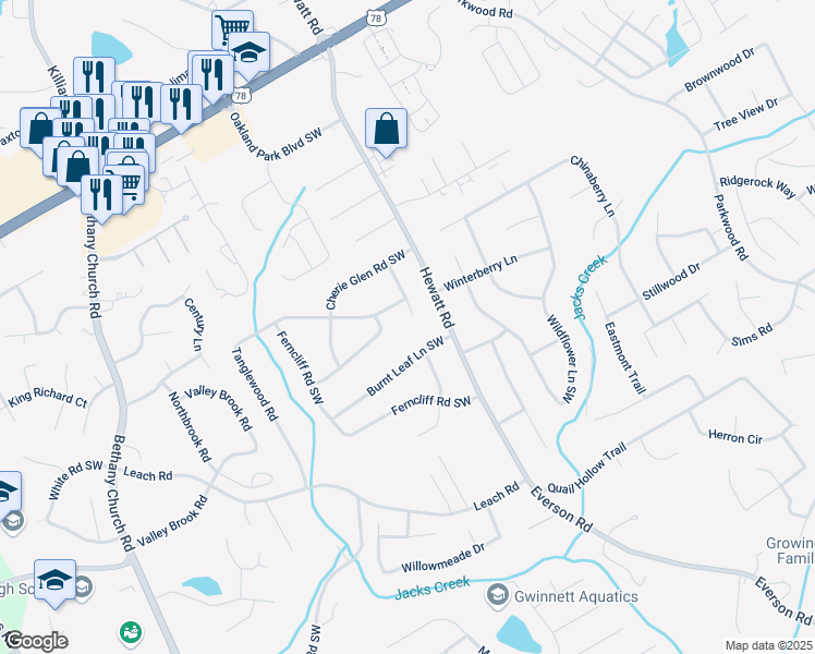 map of restaurants, bars, coffee shops, grocery stores, and more near 2493 Cherie Glen Trail Southwest in Snellville