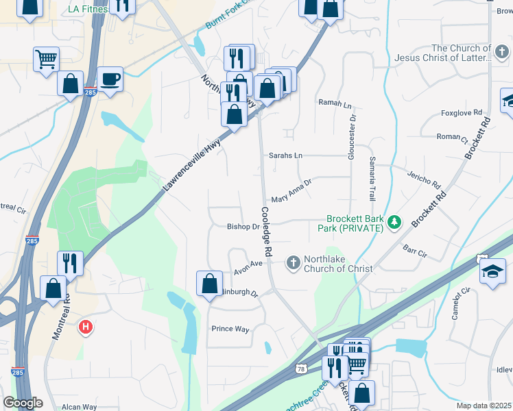 map of restaurants, bars, coffee shops, grocery stores, and more near 1723 Ronald Road in Tucker