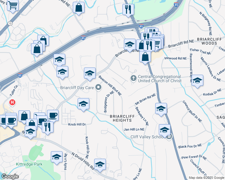 map of restaurants, bars, coffee shops, grocery stores, and more near 1752 Beacon Hill Boulevard Northeast in Atlanta