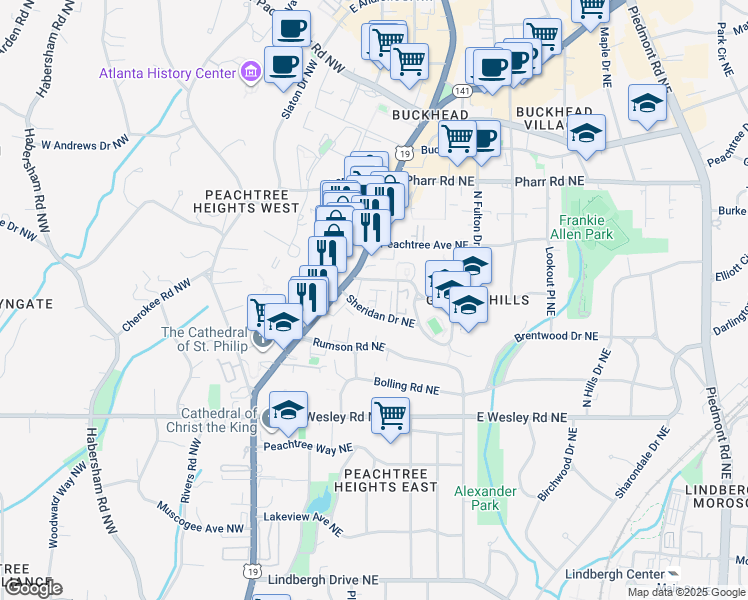 map of restaurants, bars, coffee shops, grocery stores, and more near 58 Sheridan Drive Northeast in Atlanta