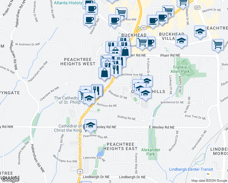 map of restaurants, bars, coffee shops, grocery stores, and more near 58 Sheridan Drive Northeast in Atlanta