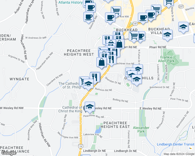 map of restaurants, bars, coffee shops, grocery stores, and more near 2840 Peachtree Road Northwest in Atlanta