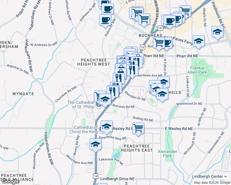 map of restaurants, bars, coffee shops, grocery stores, and more near 2855 Peachtree Road in Atlanta