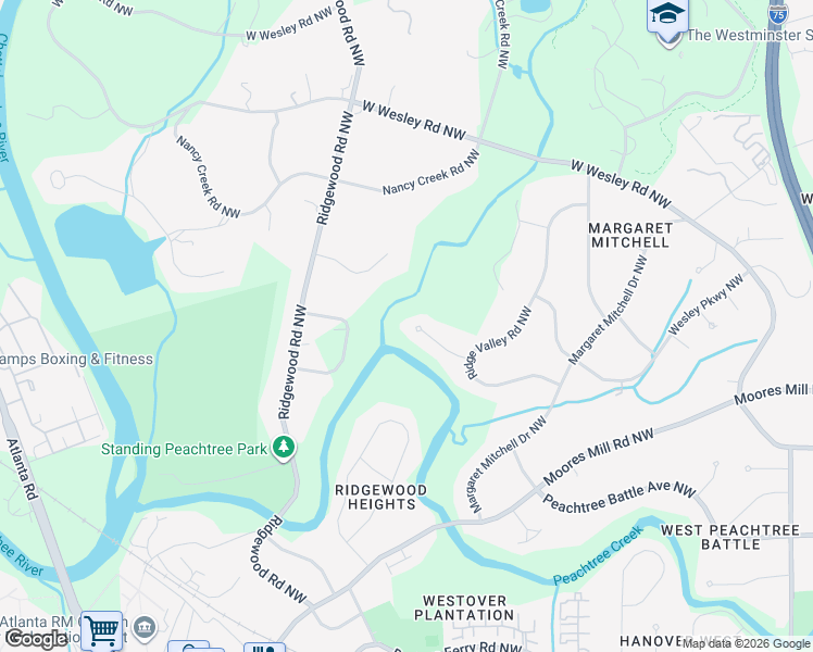 map of restaurants, bars, coffee shops, grocery stores, and more near 1774 Ridge Valley Court Northwest in Atlanta
