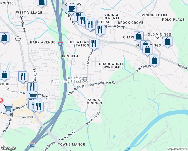 map of restaurants, bars, coffee shops, grocery stores, and more near 5087 Leeshire Trail Southeast in Atlanta
