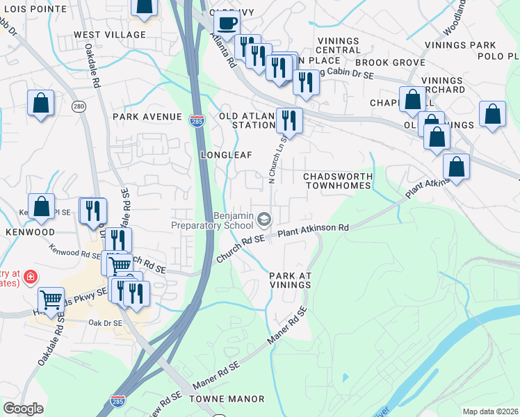 map of restaurants, bars, coffee shops, grocery stores, and more near 5108 Kempsford Court in Smyrna