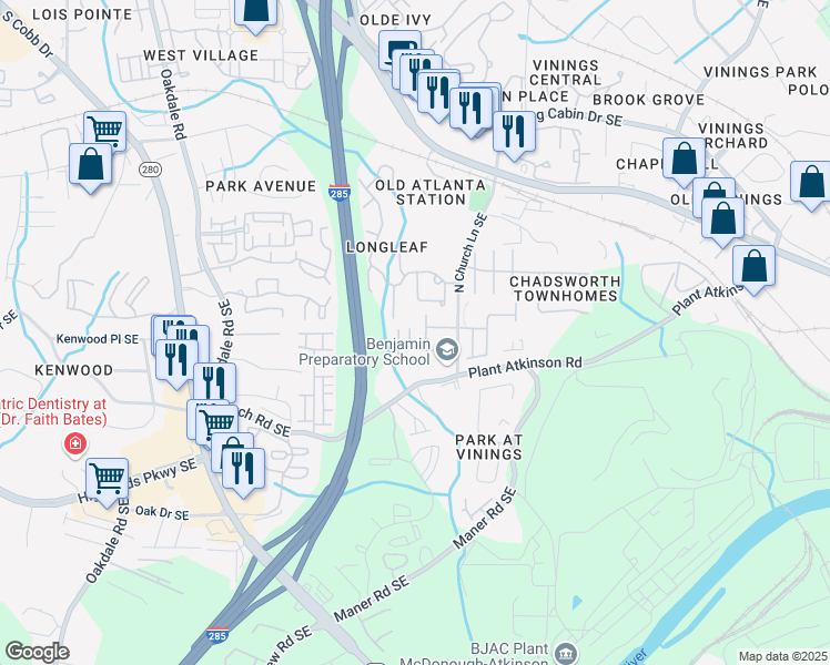 map of restaurants, bars, coffee shops, grocery stores, and more near 4929 Greylock Walk Southeast in Atlanta