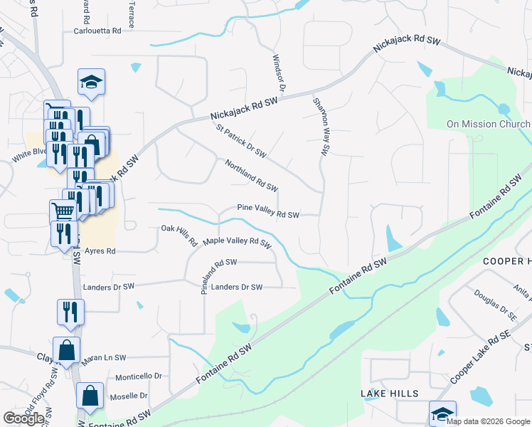 map of restaurants, bars, coffee shops, grocery stores, and more near 341 Pine Valley Road Southwest in Mableton