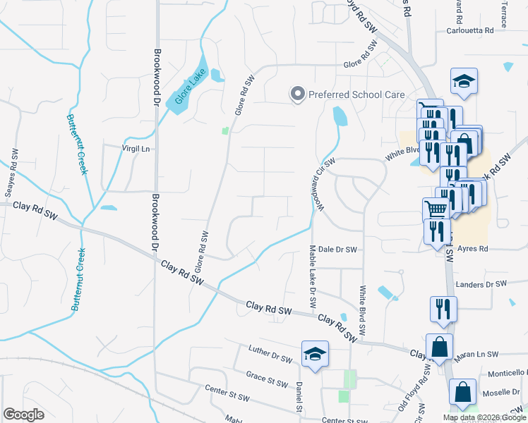 map of restaurants, bars, coffee shops, grocery stores, and more near 5295 Concord Ridge Drive Southwest in Mableton