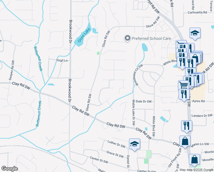 map of restaurants, bars, coffee shops, grocery stores, and more near 5272 Concord Ridge Drive Southwest in Mableton