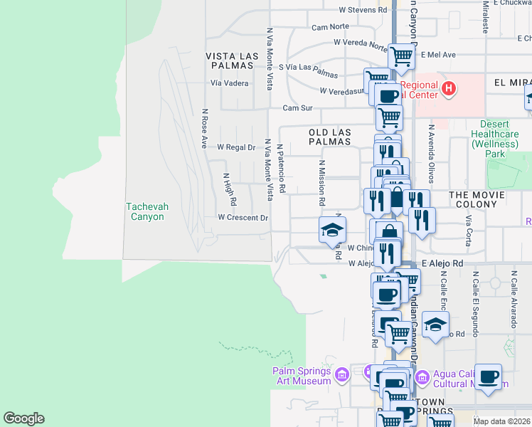 map of restaurants, bars, coffee shops, grocery stores, and more near 615 North Via Monte Vista in Palm Springs