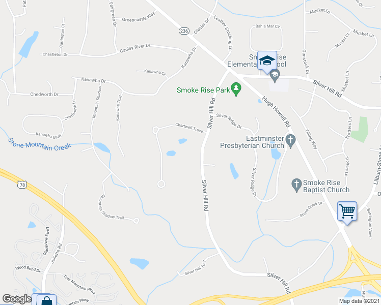 map of restaurants, bars, coffee shops, grocery stores, and more near 1738 Silver Hill Rd in Stone Mountain