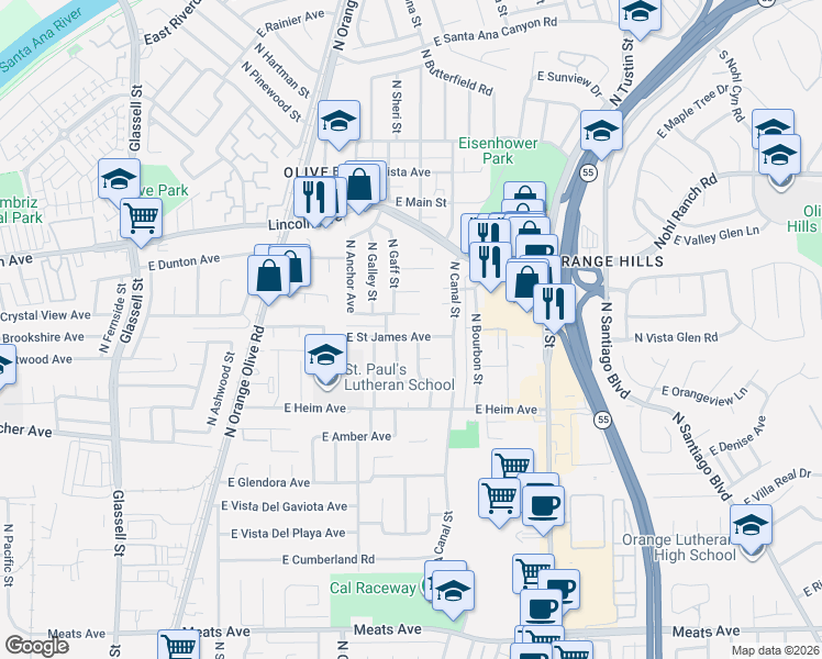 map of restaurants, bars, coffee shops, grocery stores, and more near 1131 East Saint James Avenue in Orange