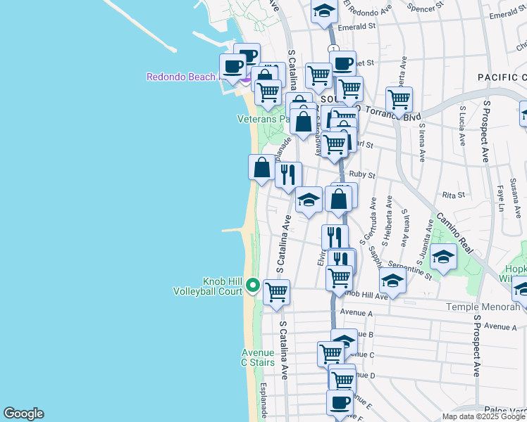 map of restaurants, bars, coffee shops, grocery stores, and more near 615 Esplanade in Redondo Beach