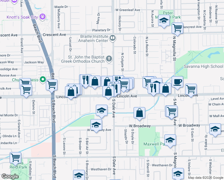 map of restaurants, bars, coffee shops, grocery stores, and more near 2829 West Lincoln Avenue in Anaheim