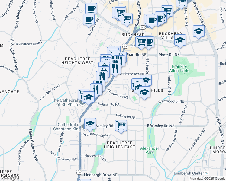map of restaurants, bars, coffee shops, grocery stores, and more near 58 Sheridan Drive Northeast in Atlanta