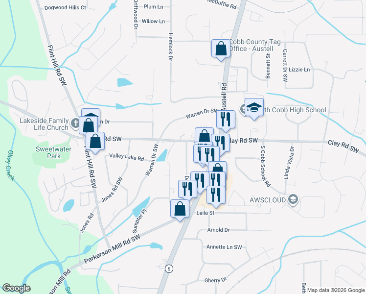 map of restaurants, bars, coffee shops, grocery stores, and more near 4970 Doby Lane in Austell