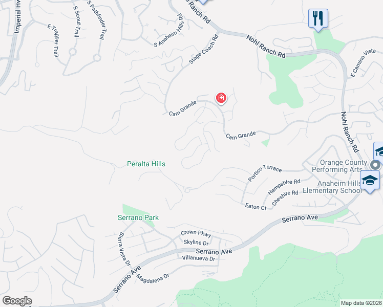 map of restaurants, bars, coffee shops, grocery stores, and more near 6248 East Twin Peak Circle in Anaheim