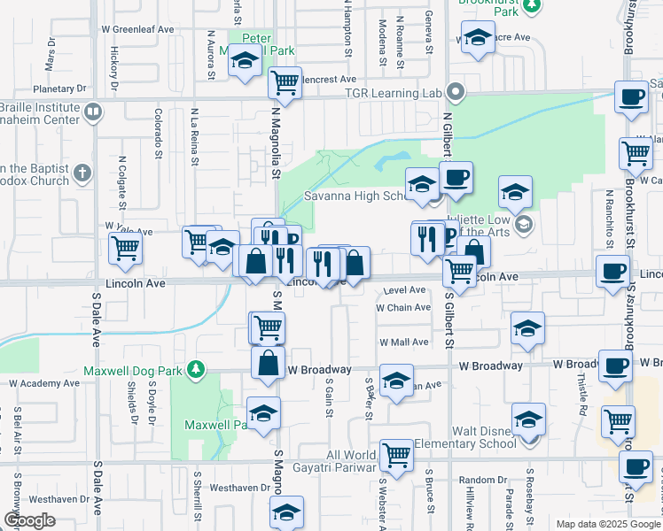 map of restaurants, bars, coffee shops, grocery stores, and more near 2535 West Lincoln Avenue in Anaheim