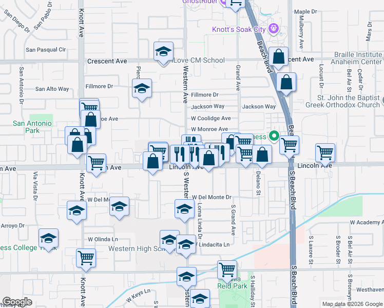 map of restaurants, bars, coffee shops, grocery stores, and more near 3176 West Polk Avenue in Anaheim