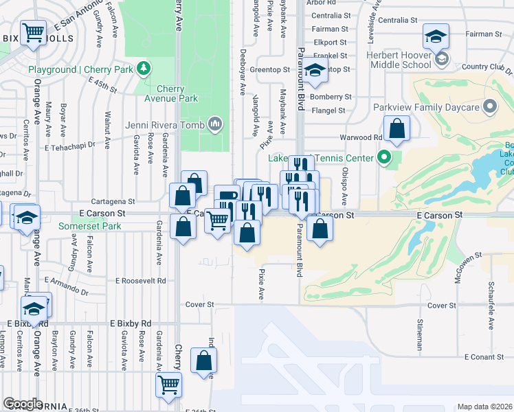 map of restaurants, bars, coffee shops, grocery stores, and more near 4105 Maybank Avenue in Lakewood