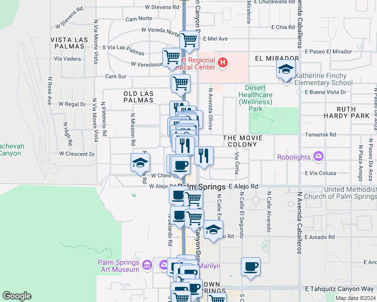 map of restaurants, bars, coffee shops, grocery stores, and more near 664 North Palm Canyon Drive in Palm Springs