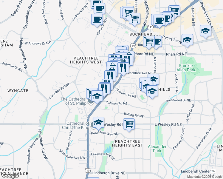 map of restaurants, bars, coffee shops, grocery stores, and more near 2855 Peachtree Road in Atlanta