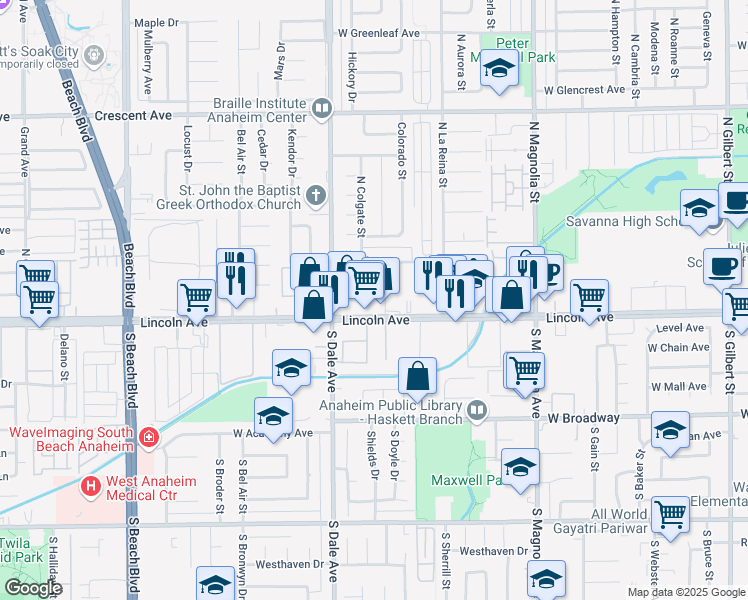 map of restaurants, bars, coffee shops, grocery stores, and more near 125 North Syracuse Street in Anaheim