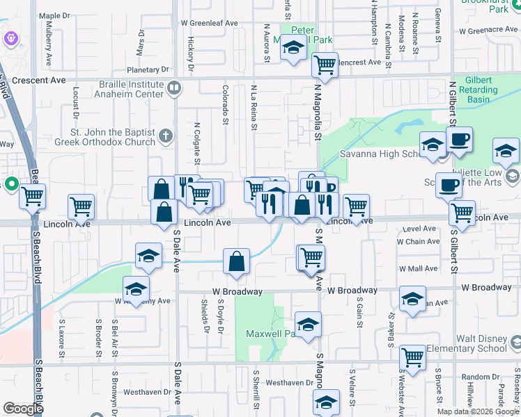 map of restaurants, bars, coffee shops, grocery stores, and more near 605 North La Reina Street in Anaheim