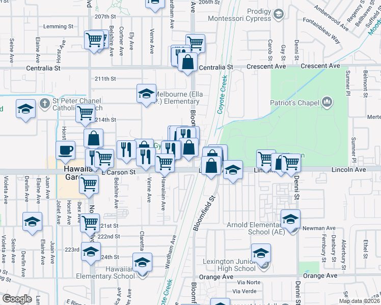 map of restaurants, bars, coffee shops, grocery stores, and more near 12573 East Carson Street in Hawaiian Gardens