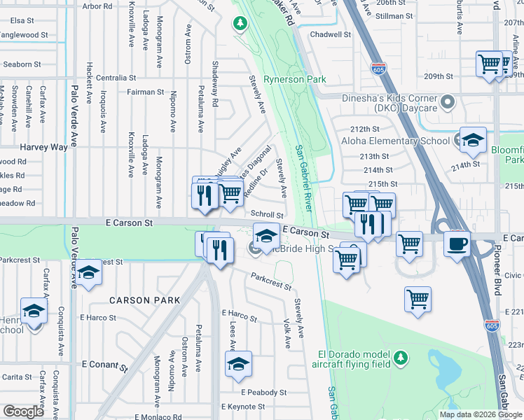 map of restaurants, bars, coffee shops, grocery stores, and more near 7033 Schroll Street in Lakewood