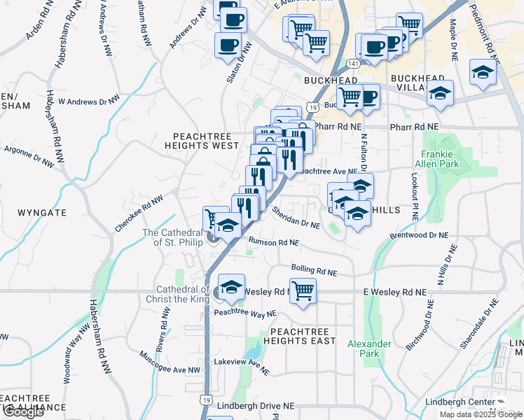 map of restaurants, bars, coffee shops, grocery stores, and more near 2840 Peachtree Road Northwest in Atlanta
