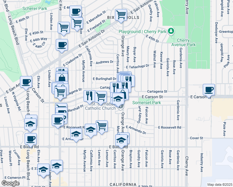 map of restaurants, bars, coffee shops, grocery stores, and more near 1165 East Carson Street in Long Beach