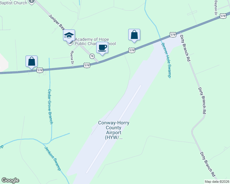 map of restaurants, bars, coffee shops, grocery stores, and more near 1901 Airport Road in Conway